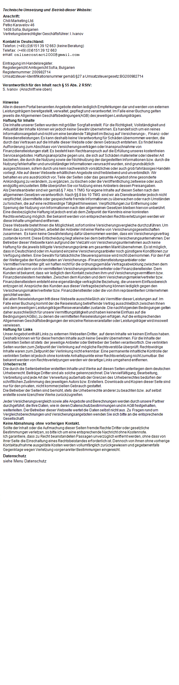 Technische Umsetzung und Betrieb dieser Website, Hinweise, Haftung für Links, Urheberrecht, Datenschutz